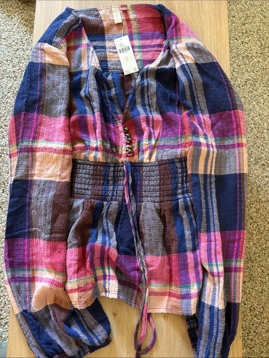 Anthropologie Tops - Pilcro Anthropologie -Plaid Drawstring Peplum Blouse in Pink + Navy